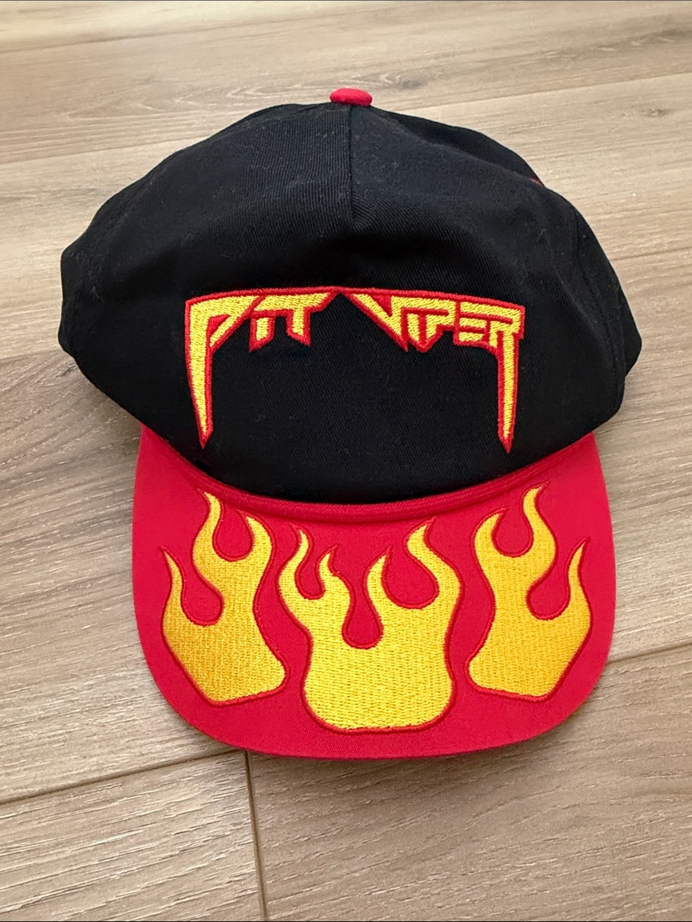Pit Viper Black & Red Snapback Hat with Yellow Flame Visor